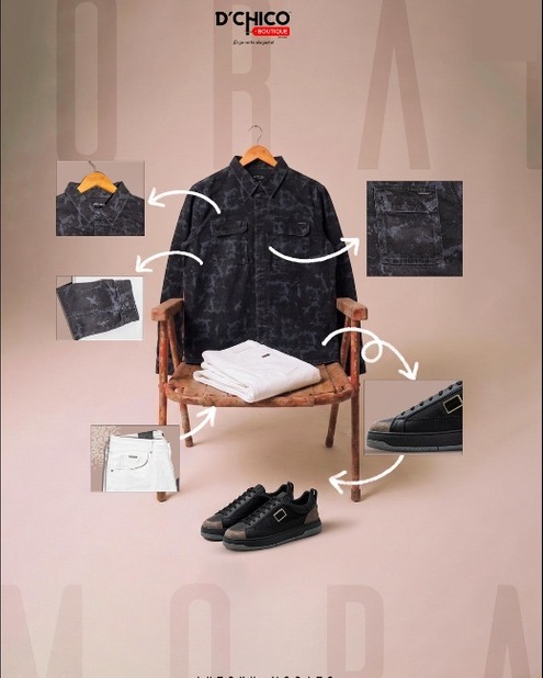 Chaqueta de jean negra con camiseta, pantalón y zapatos a juego