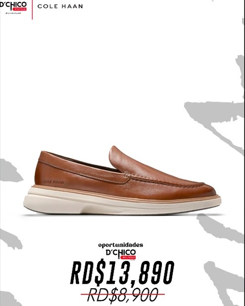 Mocasín Cole Haan de cuero marrón sobre fondo blanco