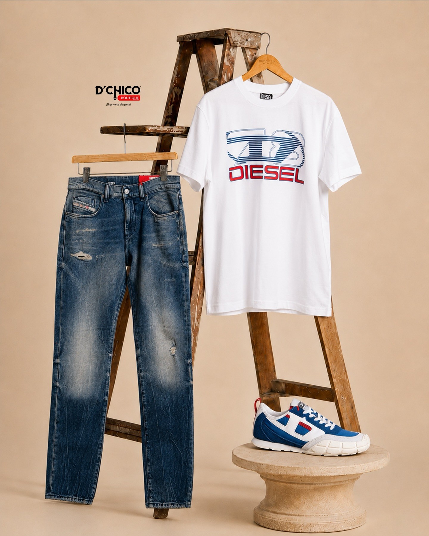 Conjunto Diesel sobre una escalera de madera: jeans, camiseta blanca y sneakers